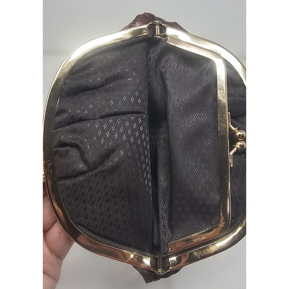 Vtg Eel Skin Leather Double Kiss Lock Brown Gold Coin Change Clutch Wallet 7x5.5 - Picture 8 of 14